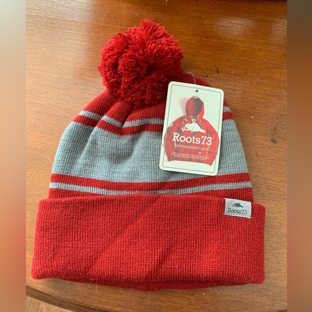 Roots Kids Red and Gray Pom-Pom Hat